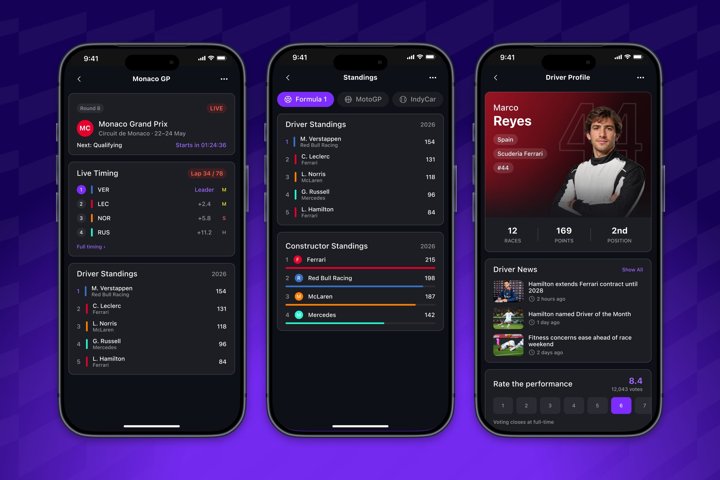 Three Arena motorsport app screens showing a race weekend with live timing, driver and constructor standings, and a driver profile with season stats